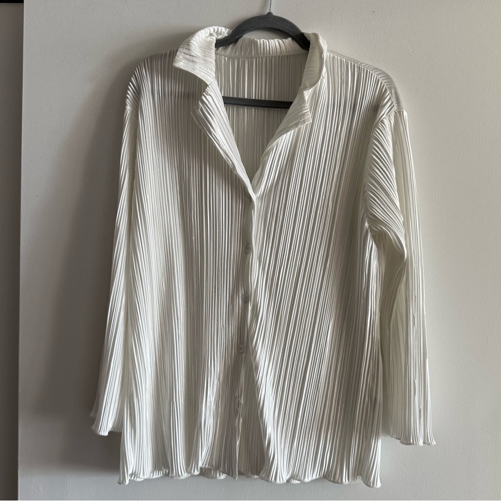 White Pleated Button-Up Blouse
